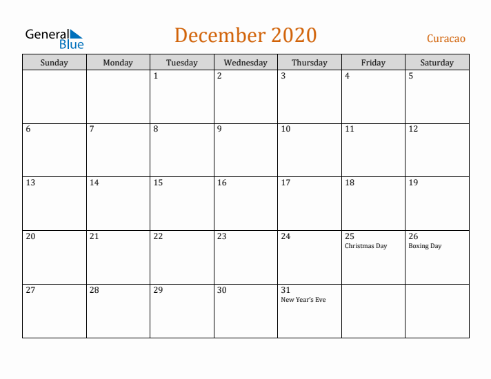 December 2020 Holiday Calendar with Sunday Start