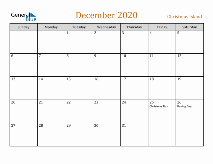 December 2020 Holiday Calendar with Sunday Start