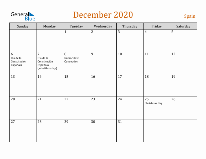 December 2020 Holiday Calendar with Sunday Start