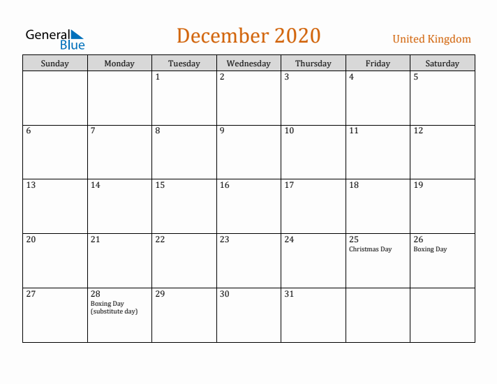 December 2020 Holiday Calendar with Sunday Start