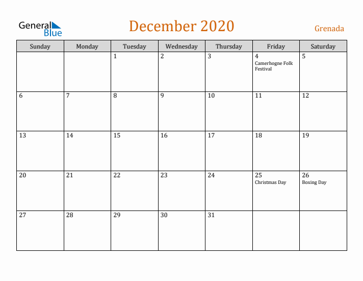 December 2020 Holiday Calendar with Sunday Start