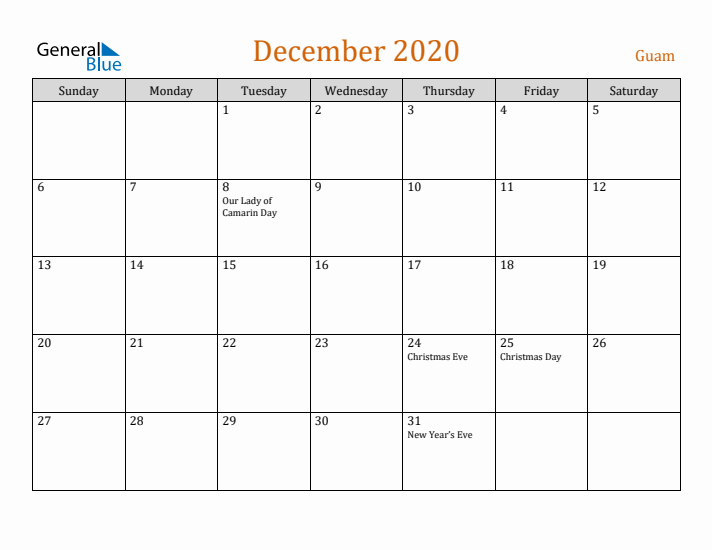 December 2020 Holiday Calendar with Sunday Start