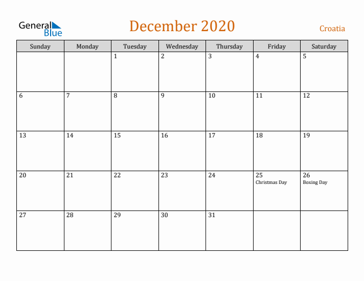 December 2020 Holiday Calendar with Sunday Start