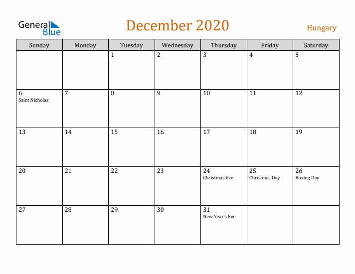 December 2020 Holiday Calendar with Sunday Start