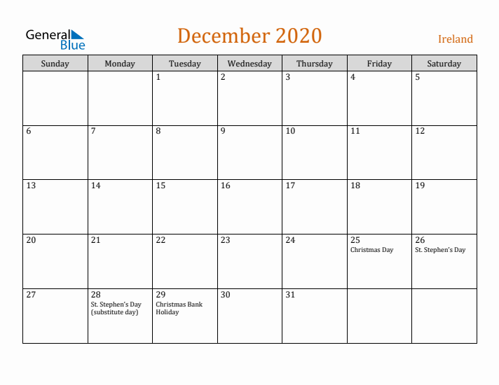 December 2020 Holiday Calendar with Sunday Start