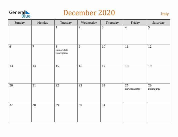 December 2020 Holiday Calendar with Sunday Start