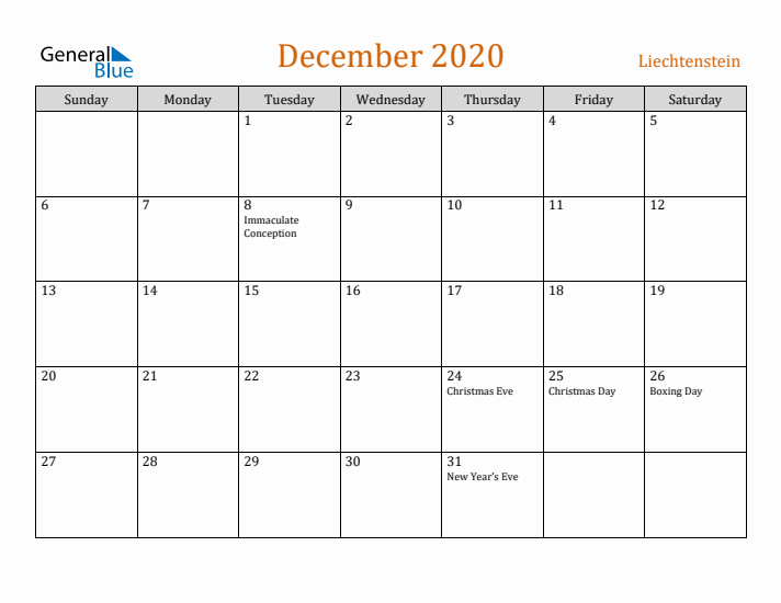 December 2020 Holiday Calendar with Sunday Start