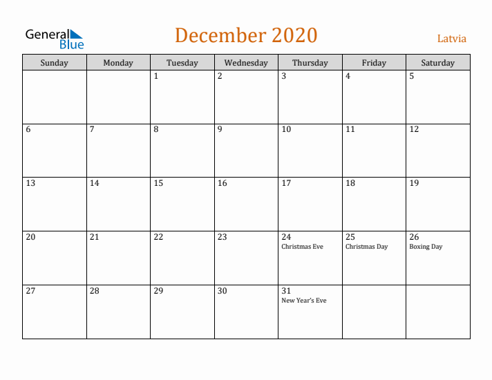 December 2020 Holiday Calendar with Sunday Start