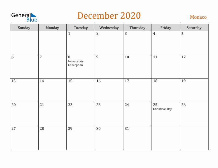 December 2020 Holiday Calendar with Sunday Start