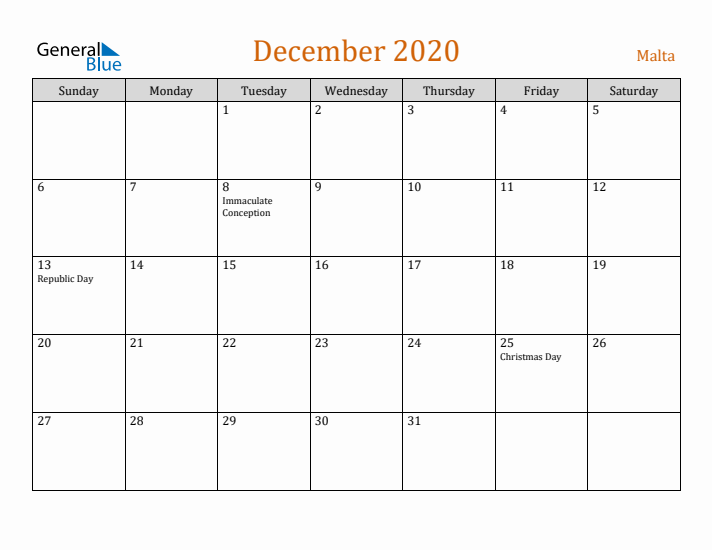 December 2020 Holiday Calendar with Sunday Start