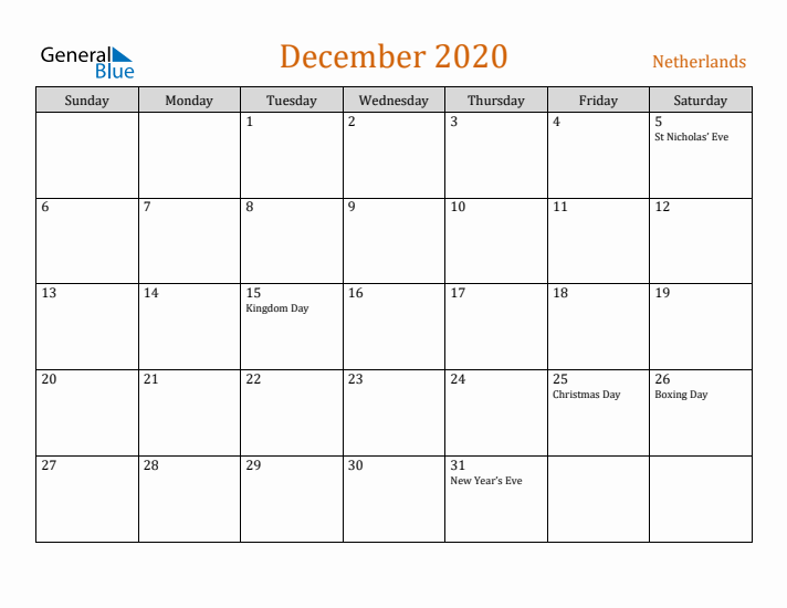 December 2020 Holiday Calendar with Sunday Start