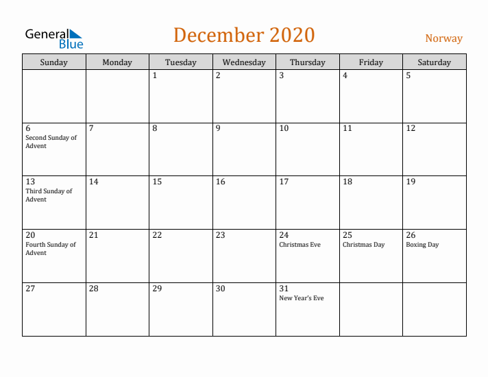 December 2020 Holiday Calendar with Sunday Start