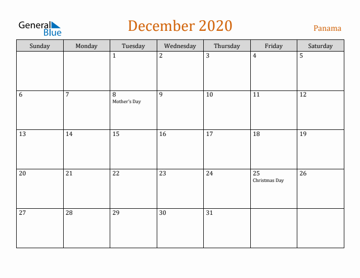 December 2020 Holiday Calendar with Sunday Start