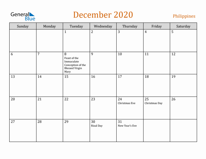 December 2020 Holiday Calendar with Sunday Start