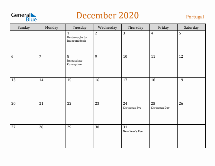 December 2020 Holiday Calendar with Sunday Start