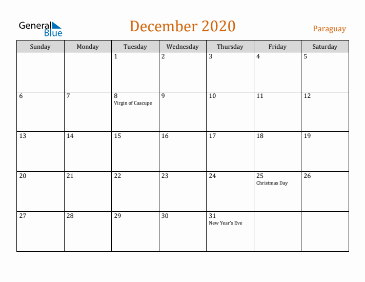 December 2020 Holiday Calendar with Sunday Start