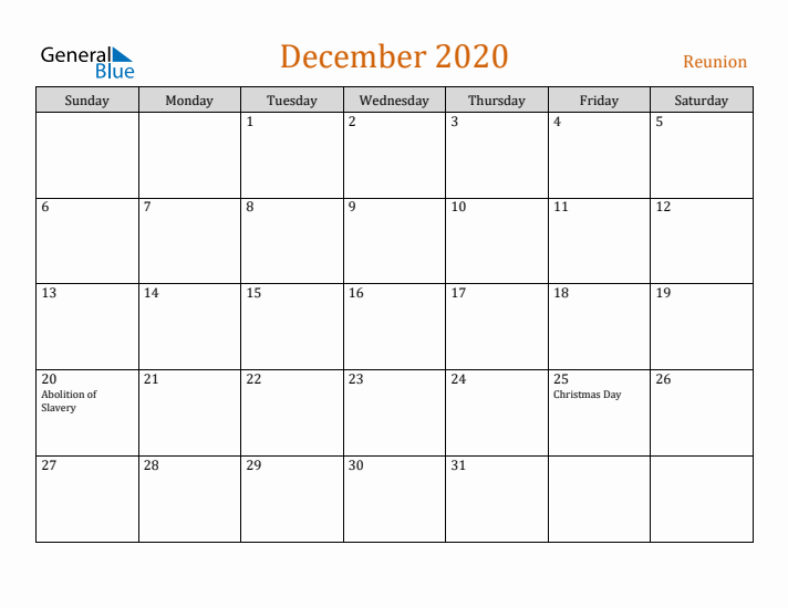 December 2020 Holiday Calendar with Sunday Start