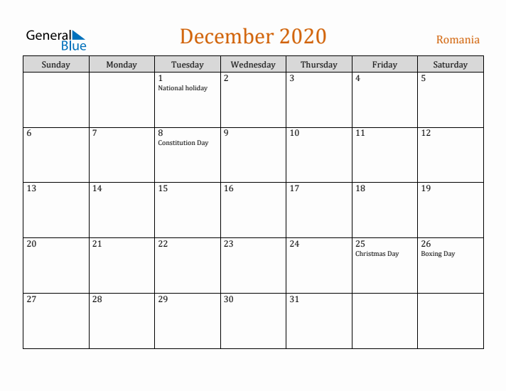 December 2020 Holiday Calendar with Sunday Start