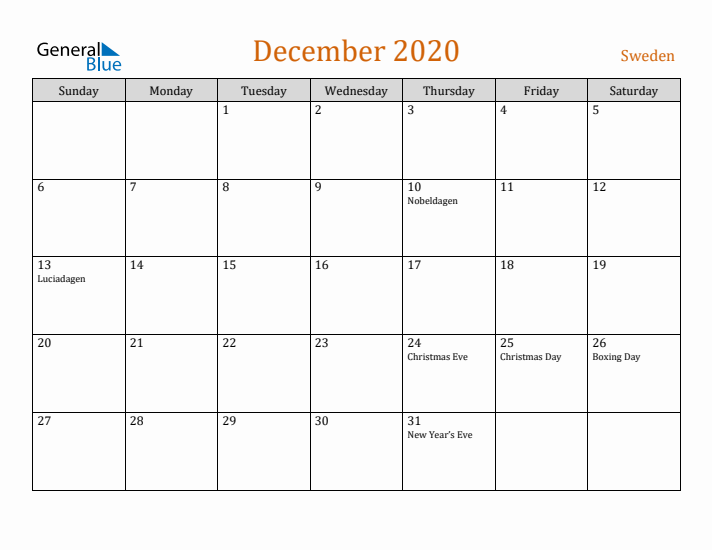 December 2020 Holiday Calendar with Sunday Start