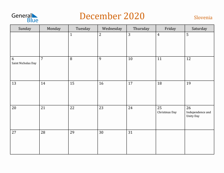 December 2020 Holiday Calendar with Sunday Start