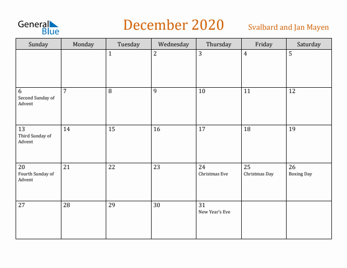 December 2020 Holiday Calendar with Sunday Start