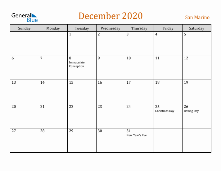 December 2020 Holiday Calendar with Sunday Start