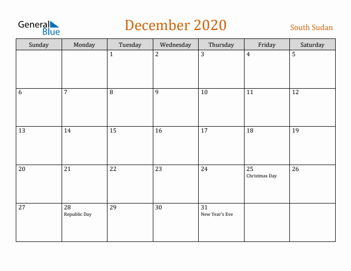 December 2020 Holiday Calendar with Sunday Start