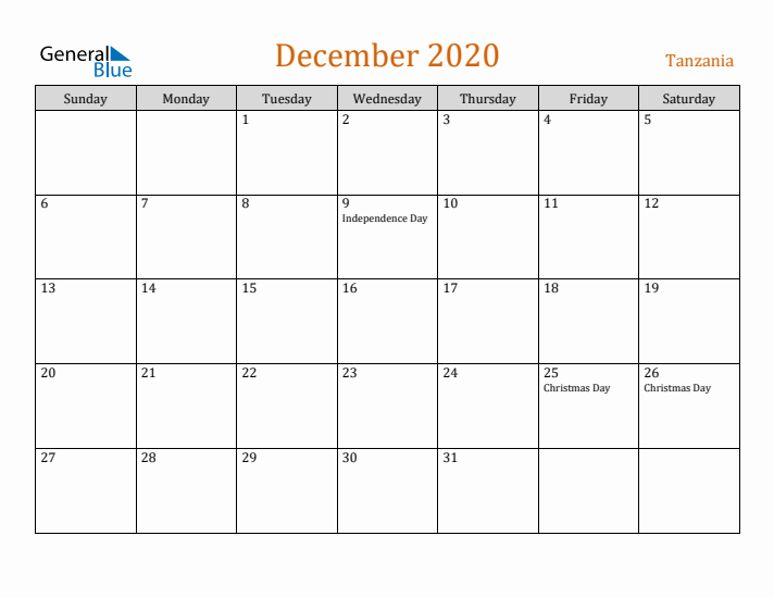 December 2020 Holiday Calendar with Sunday Start