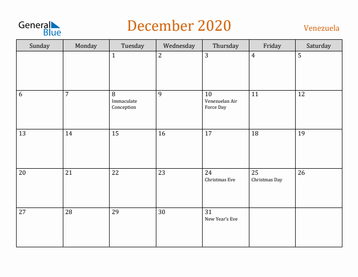 December 2020 Holiday Calendar with Sunday Start