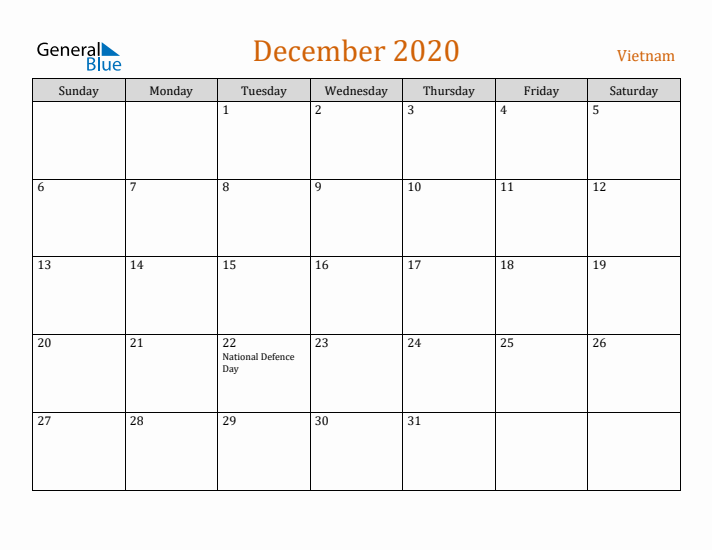 December 2020 Holiday Calendar with Sunday Start