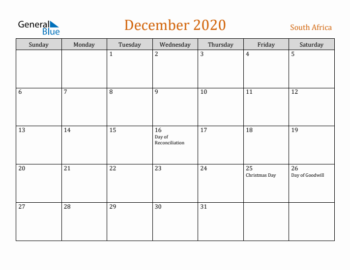 December 2020 Holiday Calendar with Sunday Start