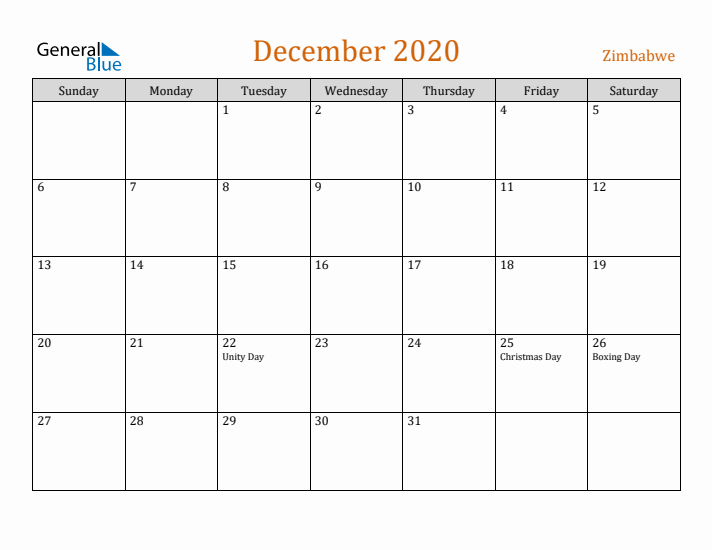 December 2020 Holiday Calendar with Sunday Start