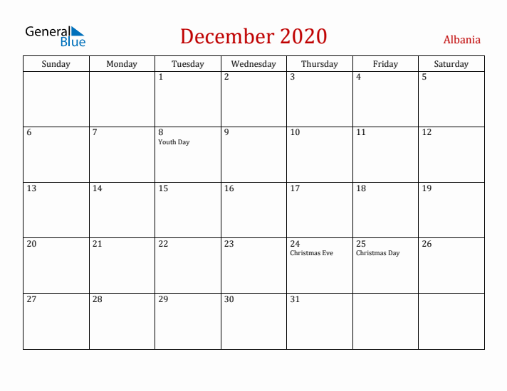 Albania December 2020 Calendar - Sunday Start