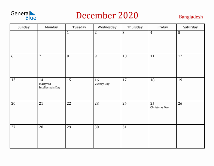 Bangladesh December 2020 Calendar - Sunday Start