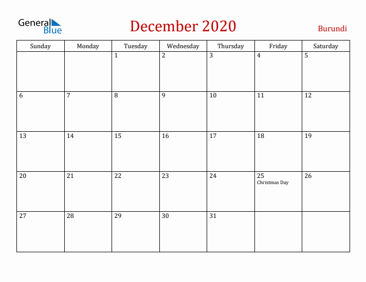 Burundi December 2020 Calendar - Sunday Start