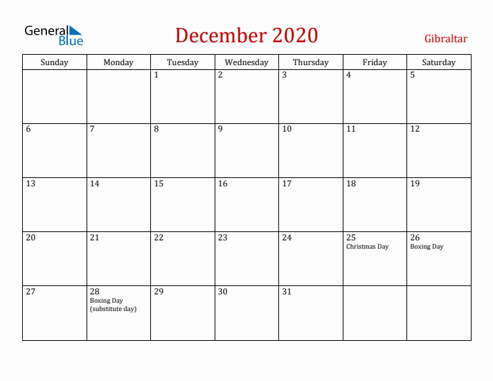 Gibraltar December 2020 Calendar - Sunday Start