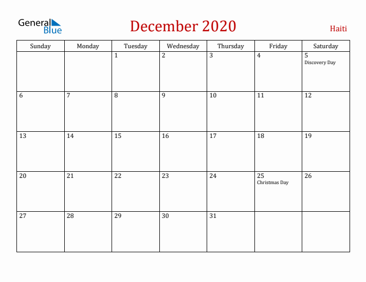 Haiti December 2020 Calendar - Sunday Start