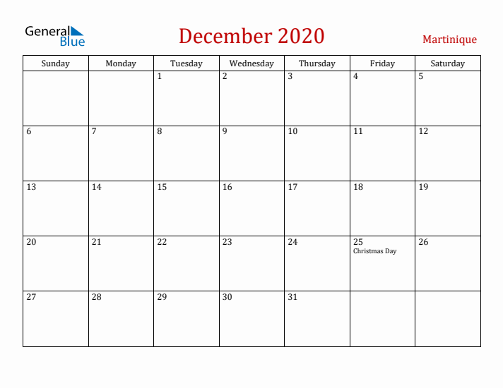 Martinique December 2020 Calendar - Sunday Start