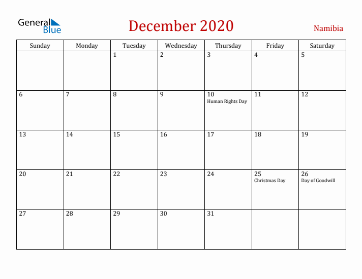 Namibia December 2020 Calendar - Sunday Start