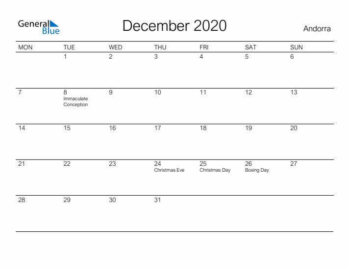 Printable December 2020 Calendar for Andorra