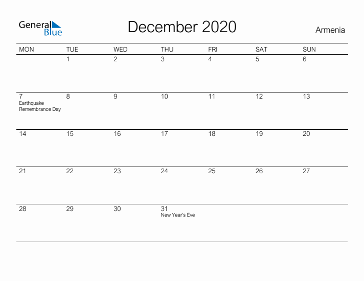 Printable December 2020 Calendar for Armenia