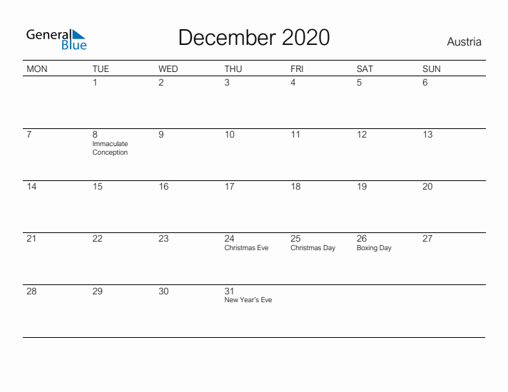 Printable December 2020 Calendar for Austria