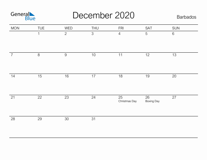 Printable December 2020 Calendar for Barbados