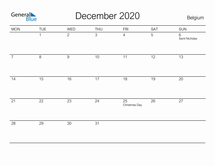 Printable December 2020 Calendar for Belgium