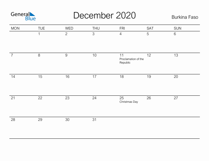 Printable December 2020 Calendar for Burkina Faso