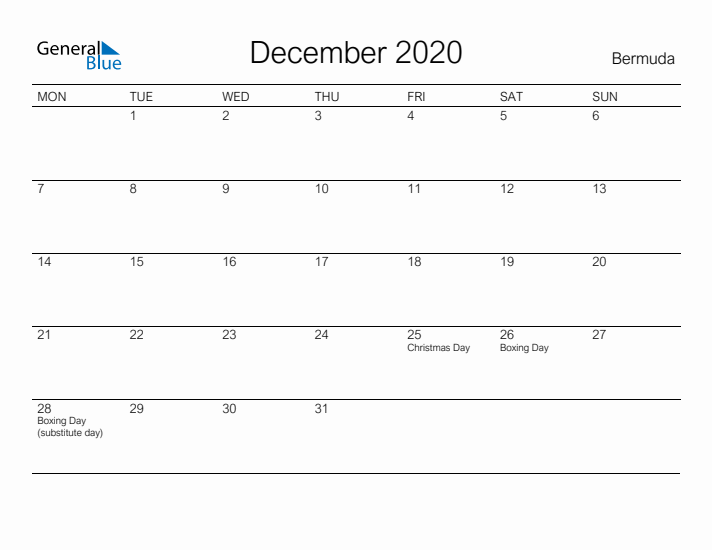 Printable December 2020 Calendar for Bermuda