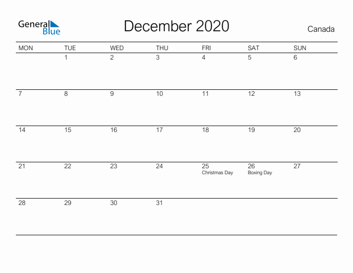 Printable December 2020 Calendar for Canada