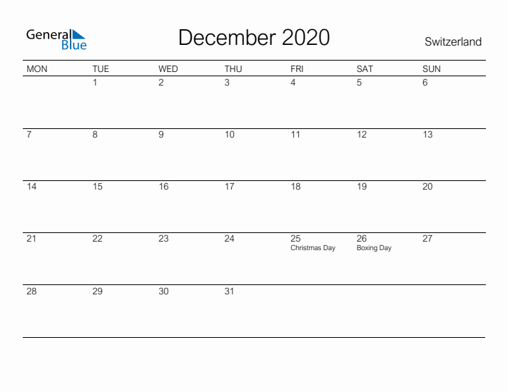 Printable December 2020 Calendar for Switzerland