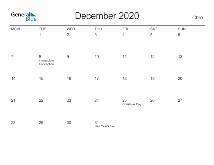 Printable December 2020 Calendar for Chile