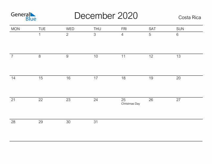 Printable December 2020 Calendar for Costa Rica